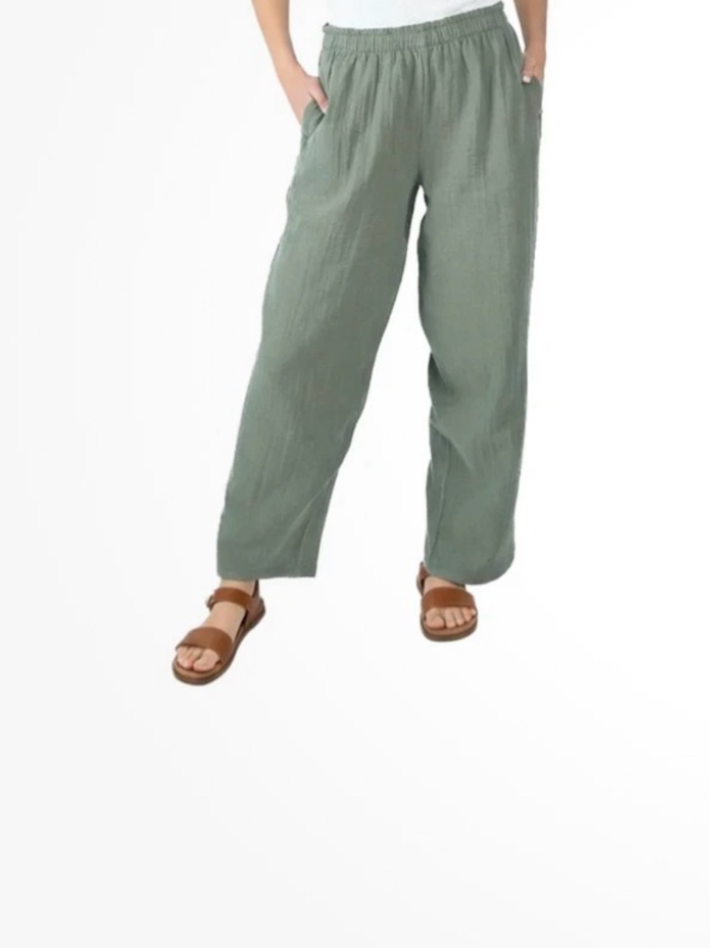 Coldwater Creek Gauze Cotton Sage Green Wide-Leg Pull-On Pants Size Large